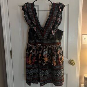 Anthropologie Printed V-Neck Ruffle Strap Mini Dress – Size Medium